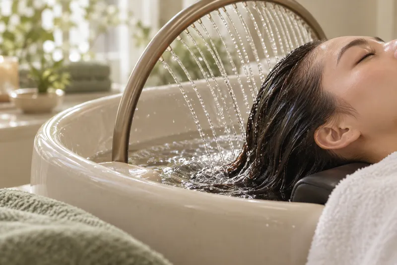 Illustrative Szene einer Headspa-Anwendung mit fließendem Wasser