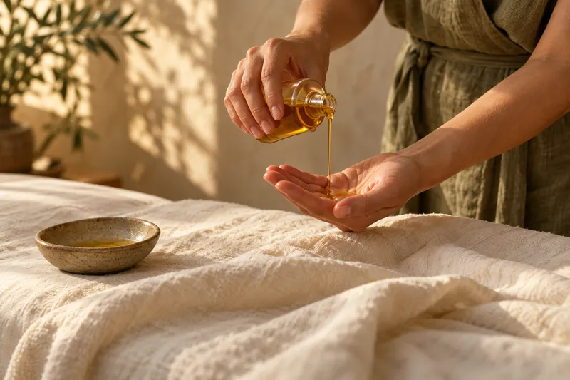 Massageöl und Hände als Symbol für Massageangebote
